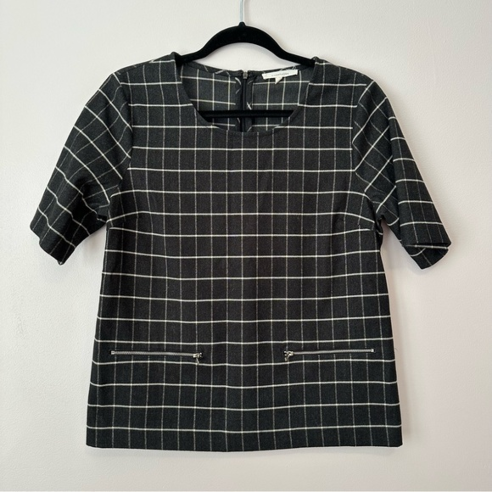 41‎ Hawthorn Small Gray Cream Check Short Sleeve Faux Zipper Pocket Blouse